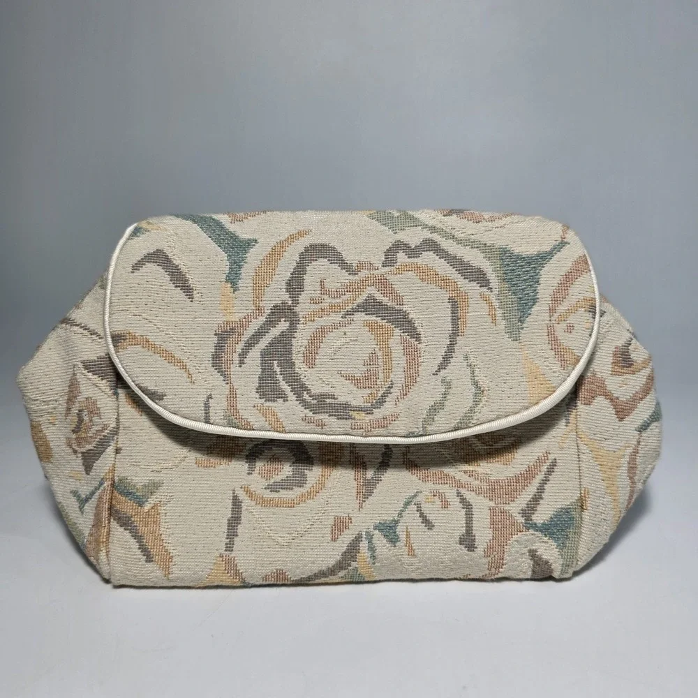 Vintage 1980's Floral Tapestry Cottagecore Makeup Bag Pastel Roses‎ Travel Pouch